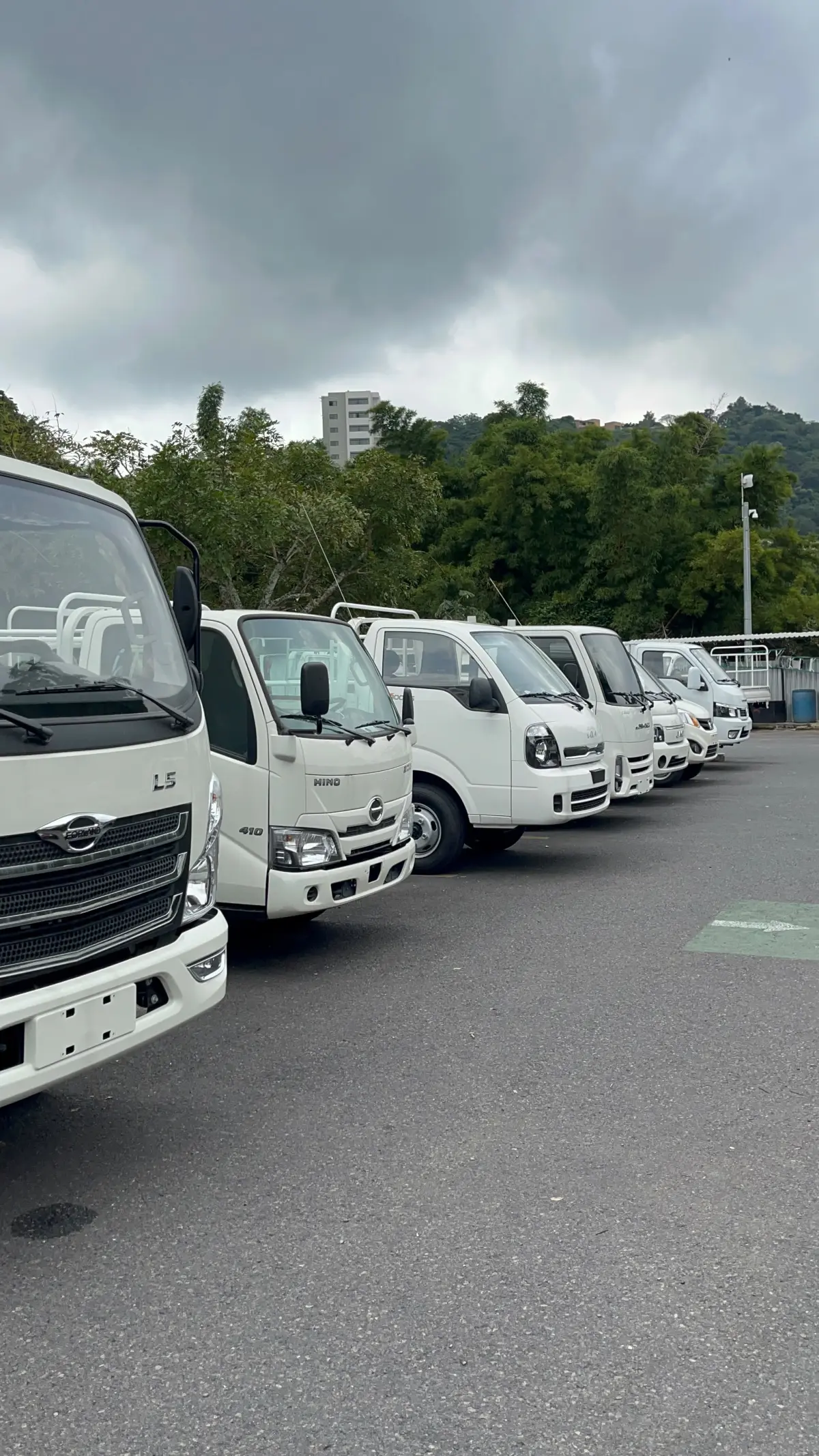 Camiones Hino y Kia blancos con barandal alineados en el patio